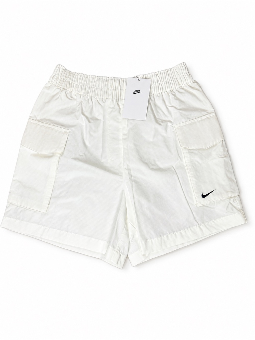 Nike Women's White Elastic-Waist Cargo Shorts with Black Swoosh